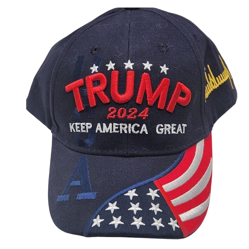 Donald Trump 2024 Hat Cap Strap Back Mens One Size Navy USA Flag Embroidered